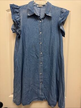 Sleeveless Ruffled Denim Pearl Snap-Dress-Chambray